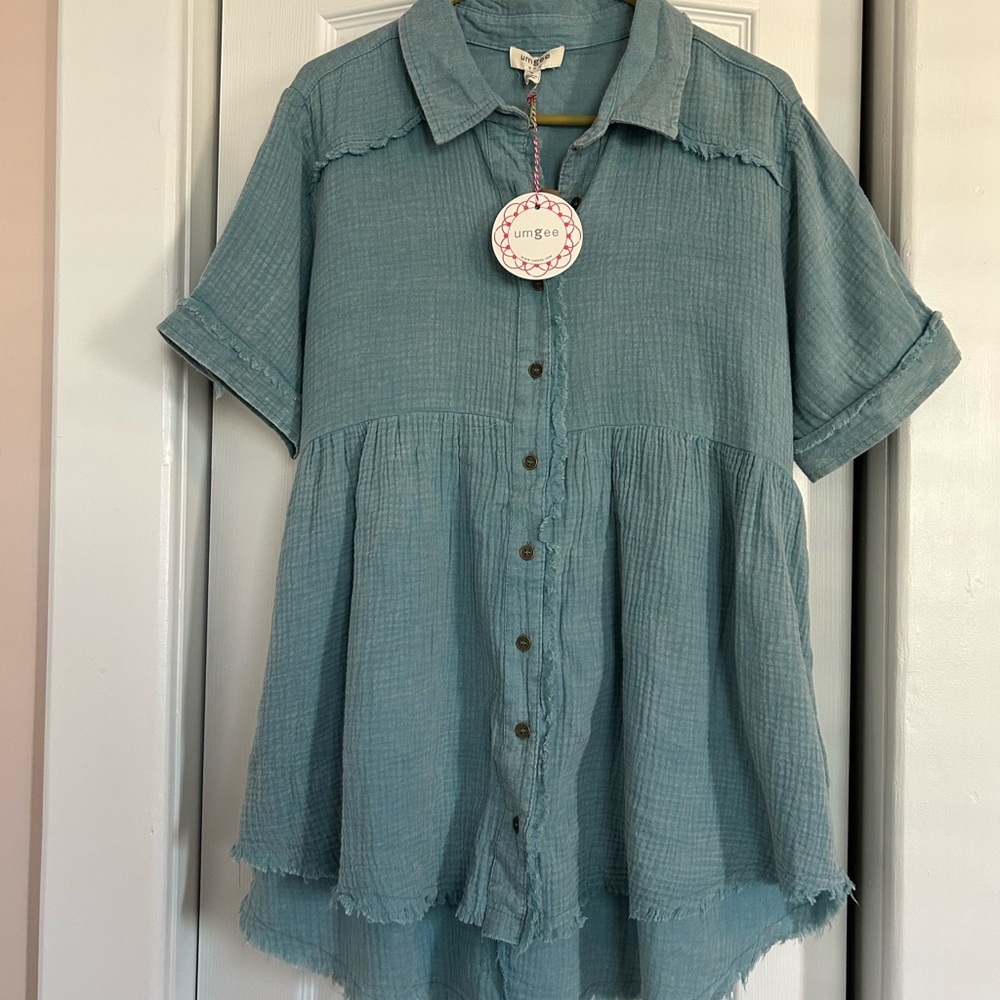 Umgee Teal Oversized Button-Up Blouse